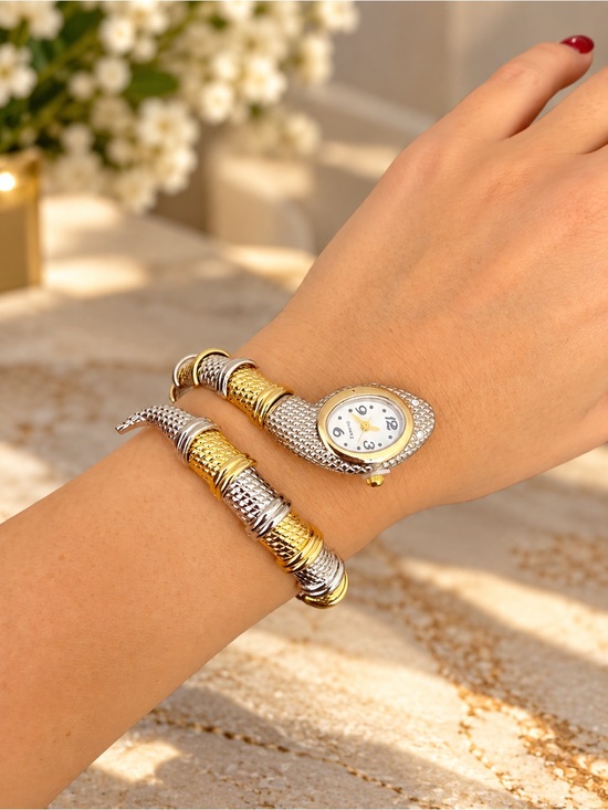 The Unbranded Brand Accessories - Snake Two Tone Gold Silver Cuff Quartz Watch